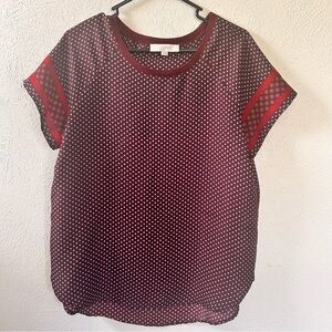 LOFT Burgundy Polka Dot Short Sleeve Tee with Red Trim